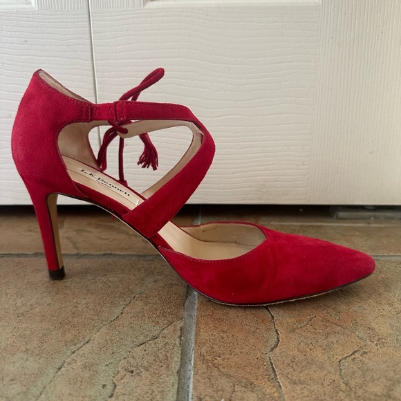 LK Bennett Loren Roca Red Suede Leather Pumps Heels Ankle Tie Size EU 37 US 6.5 - Picture 3 of 15